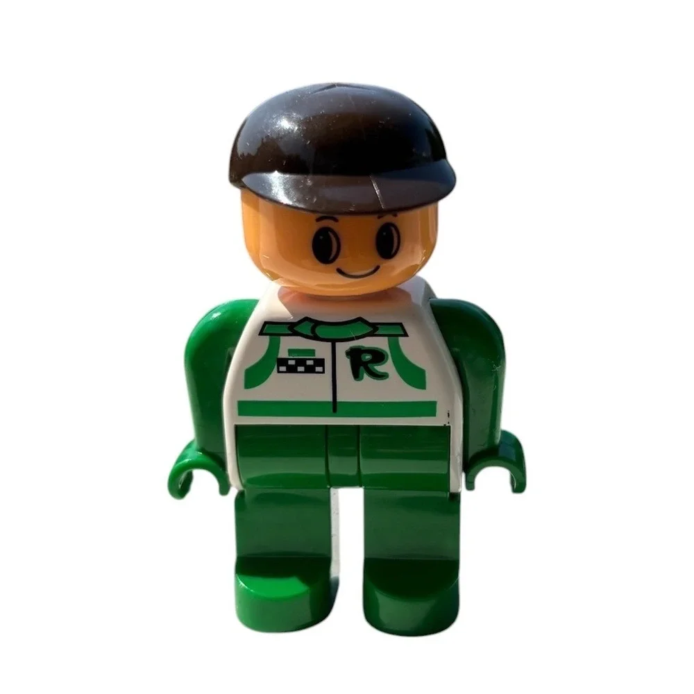 Lego VINTAGE 90s Duplo Racer Minifigure Green White Racing Suit Brown Cap Figure